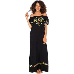 Back From Bali Womens Off Shoulder Long Mexican Embroidered Dress Maxi Boho Floral Summer Peasant Dress