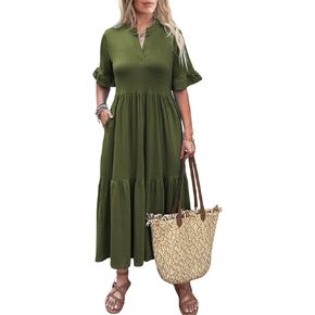 Short Sleeves Maxi Dress for Women A Line Summer Dress V Neck Casual Loose Tiered Long Dresses with Pockets