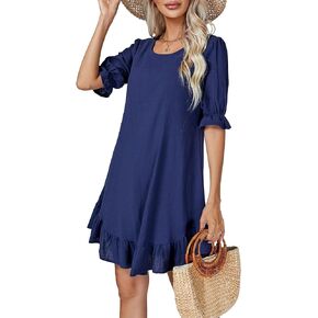 LYANER Women's Summer Ruffle Hem Flounce Short Sleeve Round Neck Swing Tunic Beach Mini Dress