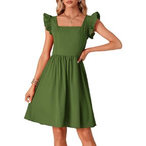 Women's Square Neck Cap Ruffle Sleeveless A-Line Swing Short Dress