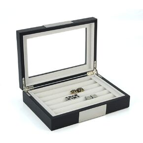 Black Ebony Wood Cufflink Case & Ring Storage Organizer with Stainless Steel Engravable Design Accent Men's Jewelry Box for 20 Cufflinks