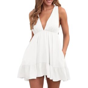 Lxmyoxr Women's Summer Mini Dress Deep V Neck Casual Short Dresses with Two Pocke US Size S-2XL
