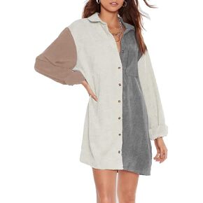 KOJOOIN Womens Corduroy Colorblock Button Down Shirt Dress Casual Long Sleeve Oversized Tunic Blouses