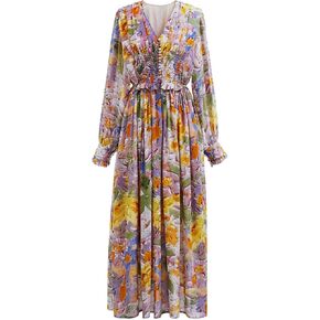 CHICWISH Women's Orange/Lilac/Black V-Neck Delicate Floral Print Buttons Shirred Chiffon Slit Maxi Dress