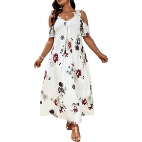 WDIRARA Women's Plus Size Floral Print Cold Shoulder Short Sleeve Midi Dress Floral Lace Spaghetti Strap Tunic Dresses