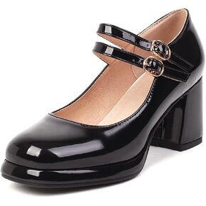 Womens Mary Janes Shoes Platform High-Heeled Pumps Square Toe Patent Leather Buckle Strap Chunky Heels Dress Shoes