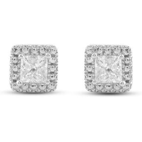 Jewelili 10K White Gold 1/2 Cttw Natural White Princess Cut Diamonds Solitaire Stud Earrings