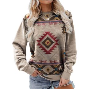 Women Western Shirts Aztec Print Tops Fall Long Sleeve Crewneck Casual Sweatshirt Vintage Graphics Blouse