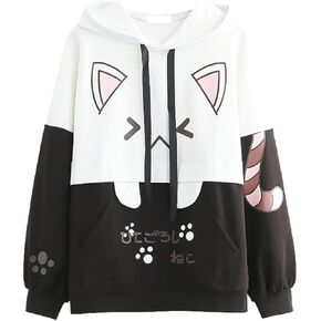Cat Hoodie for Women Teen Girls Lolita Kawaii Thin Cartoon Graphic Hoodies Printed Casual Long Sleeve Pullover Tops