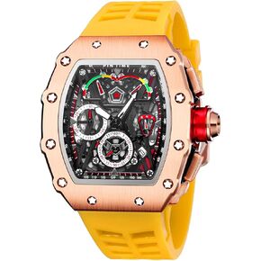 Gosasa Mens Unique Punk Bling Iced Out Dress Watches Tonneau Rectangle Watches for Men Waterproof Analog Chronograph Sports Work Mens Wrist Watch Luminous Silicone Band