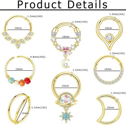 MJust 8Pcs Septum Rings 16G for Women Men Stainless Steel Dangle Septum Piercing Jewelry Moon Heart CZ 8MM/10MM Daith Jewelry in Kuwait