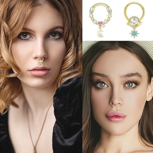 MJust 8Pcs Septum Rings 16G for Women Men Stainless Steel Dangle Septum Piercing Jewelry Moon Heart CZ 8MM/10MM Daith Jewelry in Kuwait
