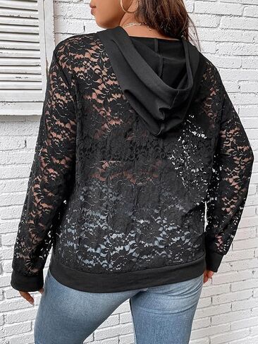 OYOANGLE Women's Plus Size Floral Lace Long Sleeve Drop Shoulder Sheer Pullover Hoodie in Saudi Arabia