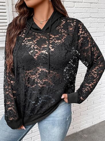 OYOANGLE Women's Plus Size Floral Lace Long Sleeve Drop Shoulder Sheer Pullover Hoodie in Saudi Arabia