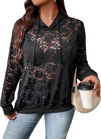 OYOANGLE Women's Plus Size Floral Lace Long Sleeve Drop Shoulder Sheer Pullover Hoodie in Saudi Arabia