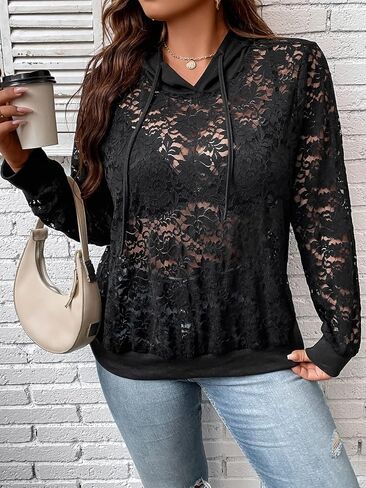 OYOANGLE Women's Plus Size Floral Lace Long Sleeve Drop Shoulder Sheer Pullover Hoodie in Saudi Arabia