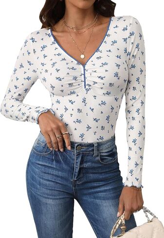 COZYEASE Women's Floral Print Ruched Bust Tees Long Sleeve V Neck Ribbed Knit T Shirts Slim Fit Lettuce Trim Tops in Saudi Arabia