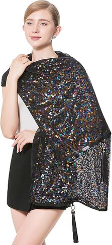 Gzcvba شالات وأغطية الباشمينا النسائية الترتر لفساتين السهرة شال شيفون وشاح لامع مع شرابات in Kuwait