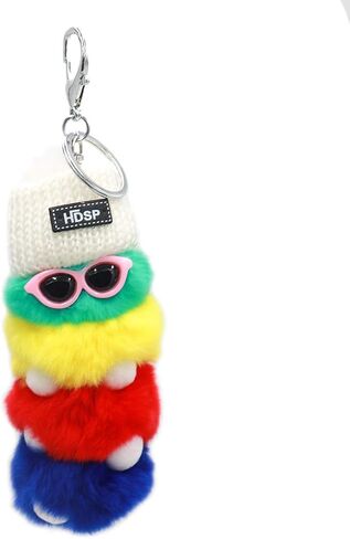 surell - Genuine Rex Rabbit Fur Pom Caterpillar Keychain with Sunglasses and Winter Knit Hat - Insect Bag Beach Purse Charm in Saudi Arabia