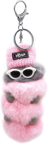 surell - Genuine Rex Rabbit Fur Pom Caterpillar Keychain with Sunglasses and Winter Knit Hat - Insect Bag Beach Purse Charm in Saudi Arabia