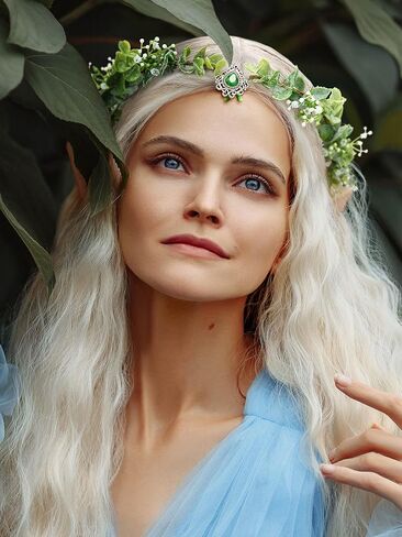 تيجان أوراق الجنية من SWEETV للنساء Elven الأميرة تيارا زهرة قزم خوذة لأزياء الهالوين التأثيرية التقطت الصور لحفلات الزفاف in Kuwait