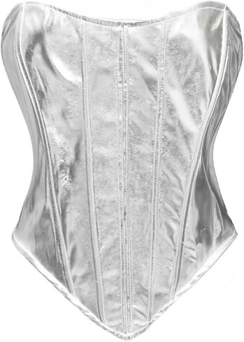 bslingerie Women Faux Leather Metallic Boned Bustier Lace Up Shapewear Corset Crop Tops in Kuwait