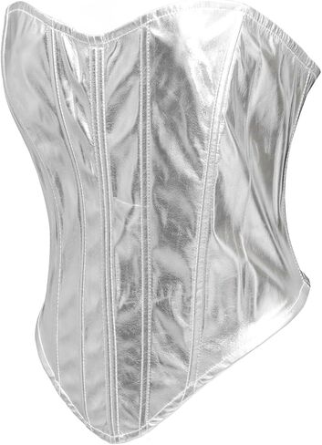bslingerie Women Faux Leather Metallic Boned Bustier Lace Up Shapewear Corset Crop Tops in Kuwait