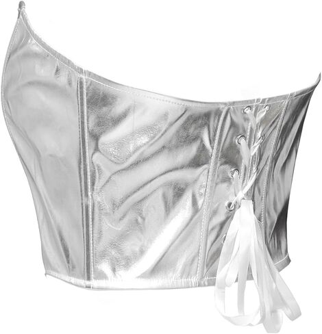bslingerie Women Faux Leather Metallic Boned Bustier Lace Up Shapewear Corset Crop Tops in Kuwait