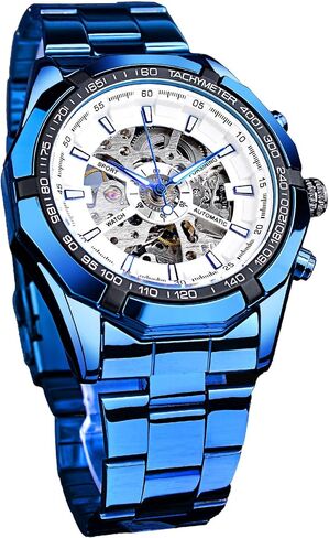 FORSINING Men's Watch Self-Wind Skeleton Hollow Out Mechanical Automatic Luxury Watches, Blue Black Stainless Steel Band Waterproof Wristwatch in Saudi Arabia
