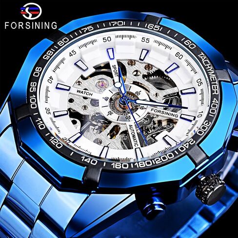 FORSINING Men's Watch Self-Wind Skeleton Hollow Out Mechanical Automatic Luxury Watches, Blue Black Stainless Steel Band Waterproof Wristwatch in Saudi Arabia