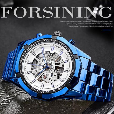 FORSINING Men's Watch Self-Wind Skeleton Hollow Out Mechanical Automatic Luxury Watches, Blue Black Stainless Steel Band Waterproof Wristwatch in Saudi Arabia