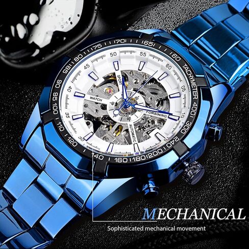 FORSINING Men's Watch Self-Wind Skeleton Hollow Out Mechanical Automatic Luxury Watches, Blue Black Stainless Steel Band Waterproof Wristwatch in Saudi Arabia