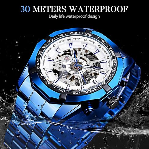 FORSINING Men's Watch Self-Wind Skeleton Hollow Out Mechanical Automatic Luxury Watches, Blue Black Stainless Steel Band Waterproof Wristwatch in Saudi Arabia