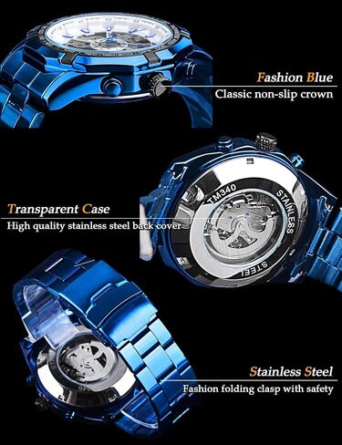 FORSINING Men's Watch Self-Wind Skeleton Hollow Out Mechanical Automatic Luxury Watches, Blue Black Stainless Steel Band Waterproof Wristwatch in Saudi Arabia