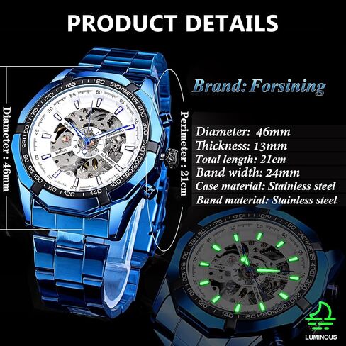FORSINING Men's Watch Self-Wind Skeleton Hollow Out Mechanical Automatic Luxury Watches, Blue Black Stainless Steel Band Waterproof Wristwatch in Saudi Arabia