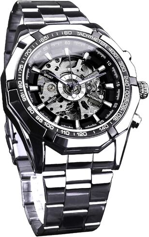 FORSINING Men's Watch Self-Wind Skeleton Hollow Out Mechanical Automatic Luxury Watches, Blue Black Stainless Steel Band Waterproof Wristwatch in Saudi Arabia