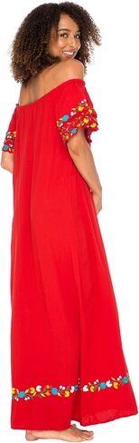 فستان باك فروم بالي للسيدات طويل بدون أكتاف مطرز مكسيكي طويل بوهو فستان فلاحي صيفي مزين بالورود in Kuwait