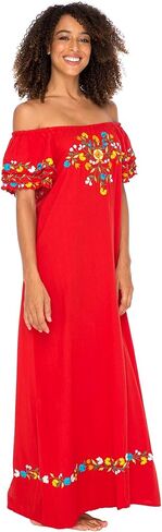 فستان باك فروم بالي للسيدات طويل بدون أكتاف مطرز مكسيكي طويل بوهو فستان فلاحي صيفي مزين بالورود in Kuwait