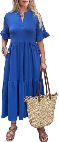 Short Sleeves Maxi Dress for Women A Line Summer Dress V Neck Casual Loose Tiered Long Dresses with Pockets in Saudi Arabia