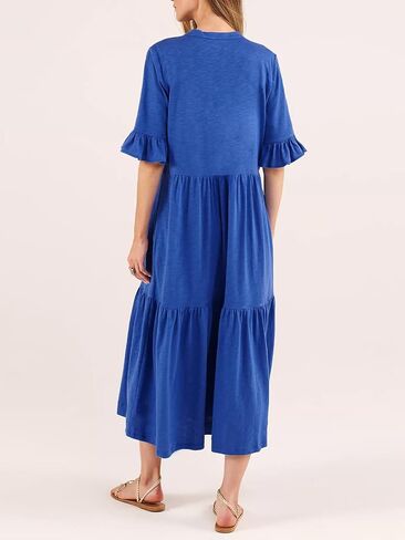 Short Sleeves Maxi Dress for Women A Line Summer Dress V Neck Casual Loose Tiered Long Dresses with Pockets in Saudi Arabia