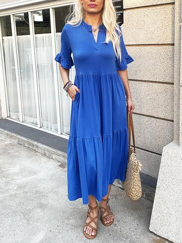 Short Sleeves Maxi Dress for Women A Line Summer Dress V Neck Casual Loose Tiered Long Dresses with Pockets in Saudi Arabia
