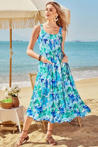 فستان ماكسي غير رسمي لصيف 2024 من Newshows ملابس لقضاء العطلات على الشاطئ فستان صيفي طويل بحزام سباغيتي مع جيوب in Kuwait