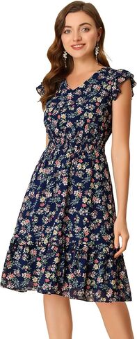 Allegra K Women's Floral Dress Flutter Sleeves 2023 V Neck Smocked Ruffle Dress in Saudi Arabia