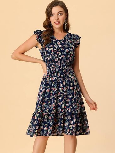 Allegra K Women's Floral Dress Flutter Sleeves 2023 V Neck Smocked Ruffle Dress in Saudi Arabia