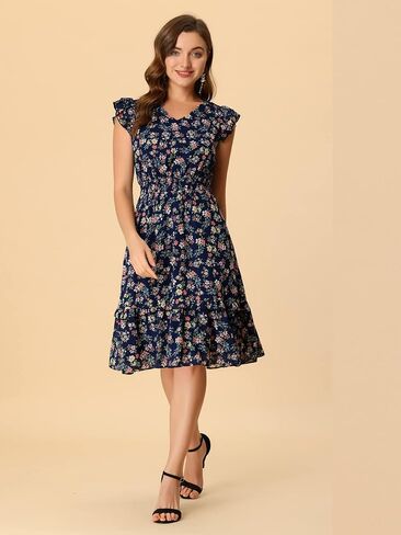 Allegra K Women's Floral Dress Flutter Sleeves 2023 V Neck Smocked Ruffle Dress in Saudi Arabia