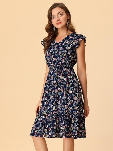 Allegra K Women's Floral Dress Flutter Sleeves 2023 V Neck Smocked Ruffle Dress in Saudi Arabia