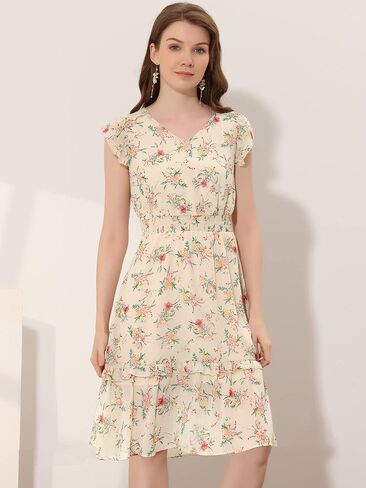 Allegra K Women's Floral Dress Flutter Sleeves 2023 V Neck Smocked Ruffle Dress in Saudi Arabia