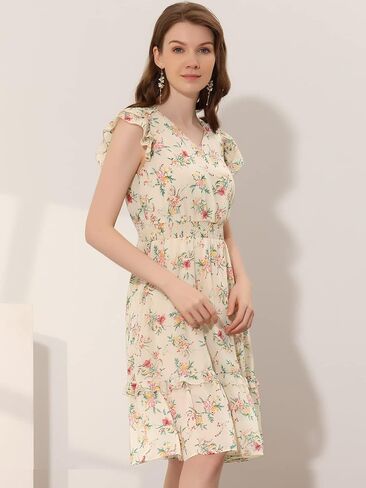 Allegra K Women's Floral Dress Flutter Sleeves 2023 V Neck Smocked Ruffle Dress in Saudi Arabia