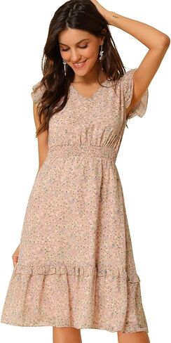 Allegra K Women's Floral Dress Flutter Sleeves 2023 V Neck Smocked Ruffle Dress in Saudi Arabia