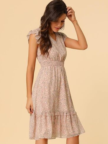Allegra K Women's Floral Dress Flutter Sleeves 2023 V Neck Smocked Ruffle Dress in Saudi Arabia